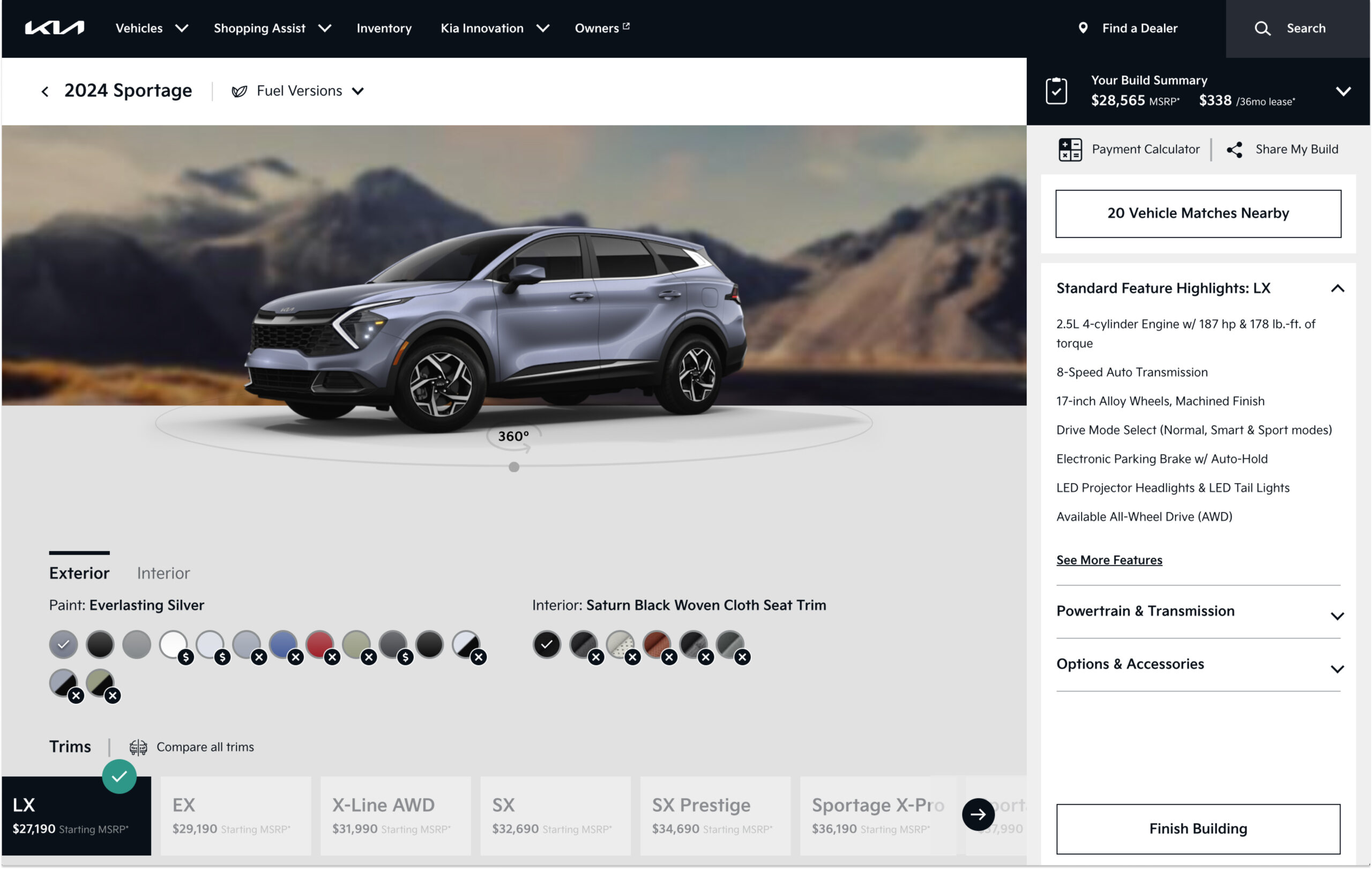 Existing Kia Build and Price interface showing color conflict X marks