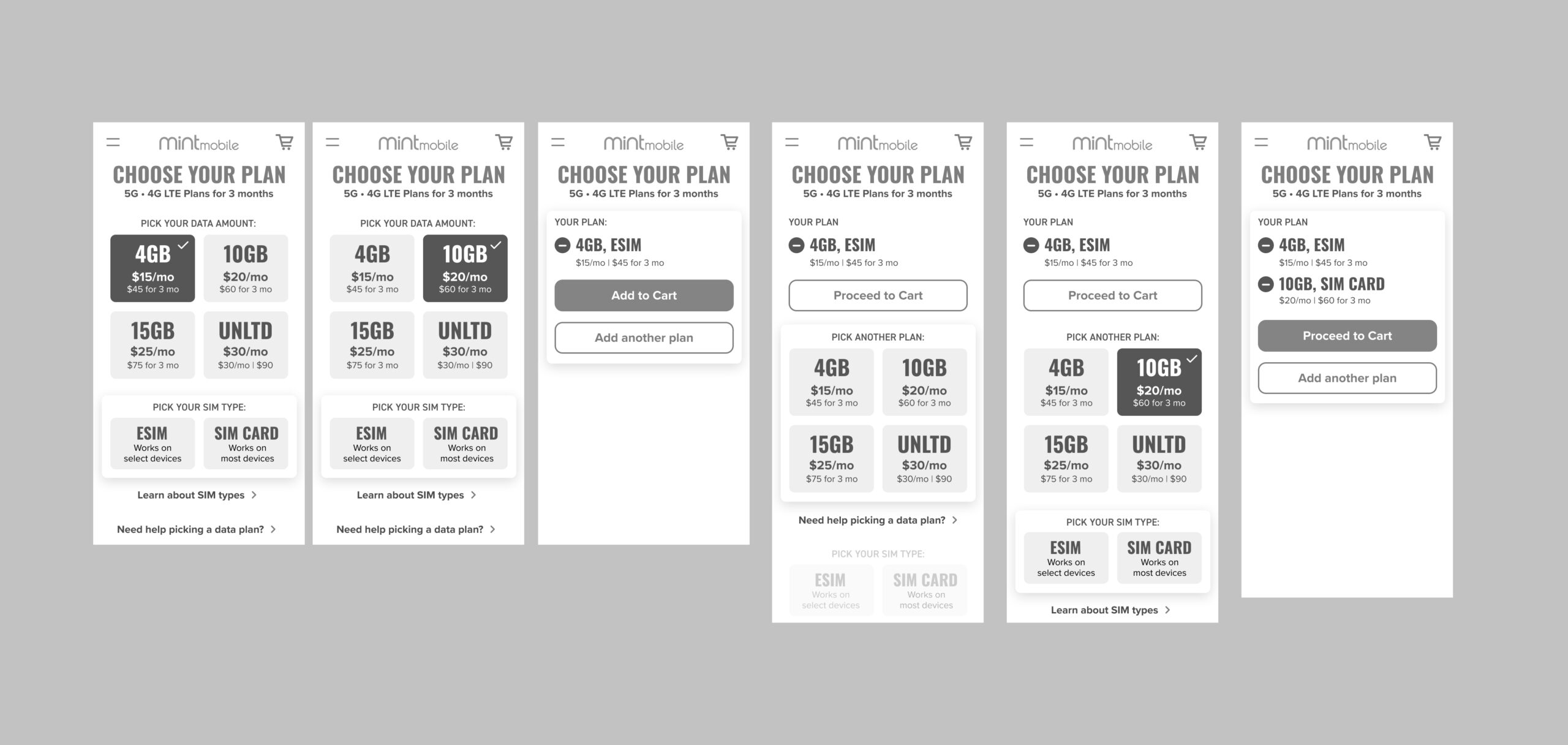 Plan selection variant A wireframe